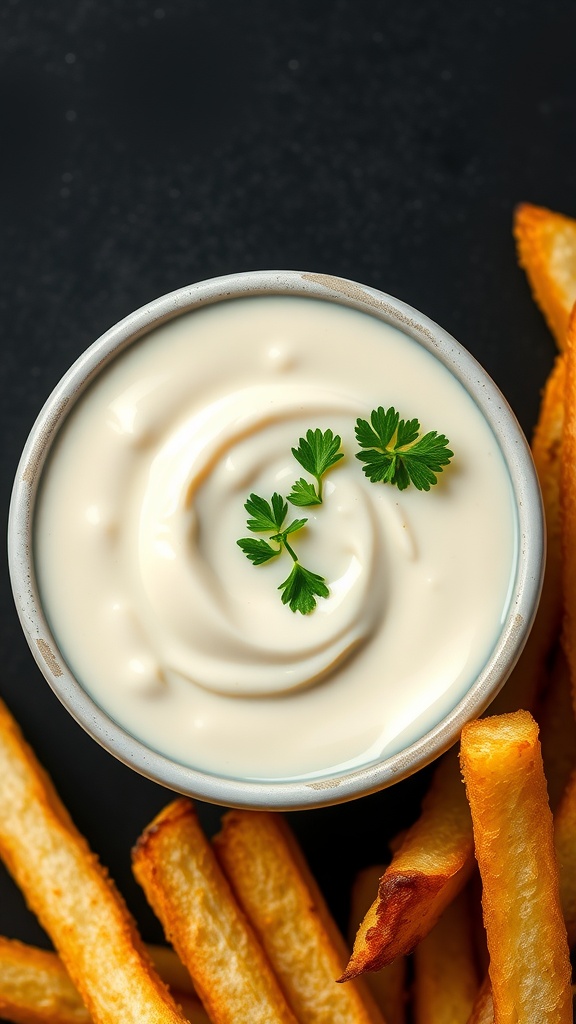 Creamy garlic aioli sauce in a bowl with parsley, served with crispy fries.